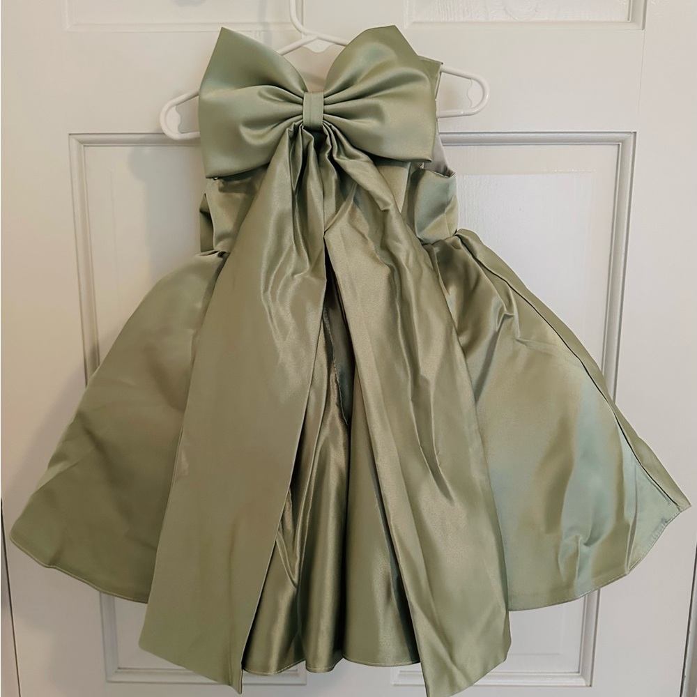 Girls' Olive Green Satin Bow Formal Dress - Picture 2 of 4